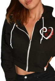 Womens Black/Red/White Heart Crop Hooded Top